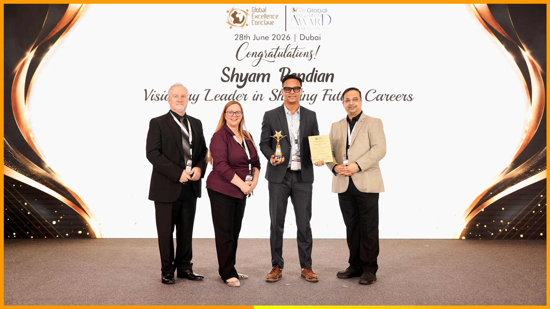 Shyam Pandian, The Future Jobs Founder receiving visionary Leader shaping the Future Careers award.
